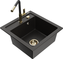 Mexen Vito granite sink 1-bowl with Flora kitchen faucet, black/gold metallic - 6503-75-670401-57-G