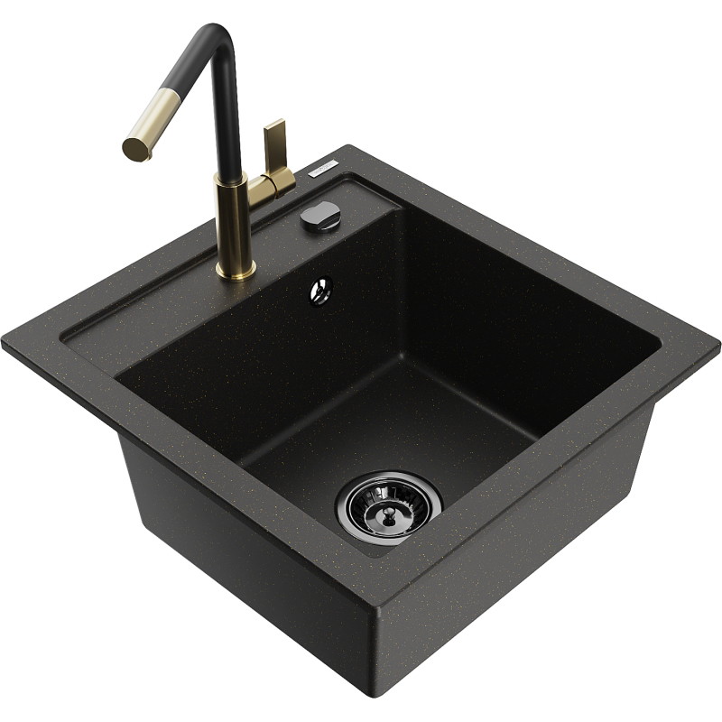 Mexen Vito granite kitchen sink 1-bowl with Flora kitchen faucet, black/gold metallic - 6503-75-670401-57-B