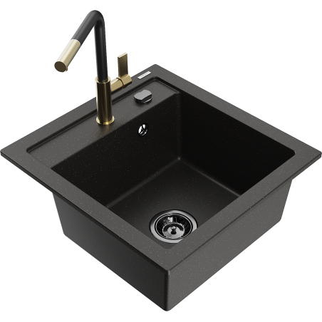 Mexen Vito granite kitchen sink 1-bowl with Flora kitchen faucet, black/gold metallic - 6503-75-670401-57-B