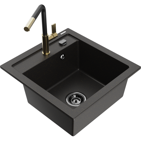 Mexen Vito granite sink 1-bowl with Flora kitchen faucet, black/gold metallic - 6503-75-670401-57-B