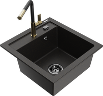 Mexen Vito granite kitchen sink 1-bowl with Flora kitchen faucet, black/gold metallic - 6503-75-670401-57-B