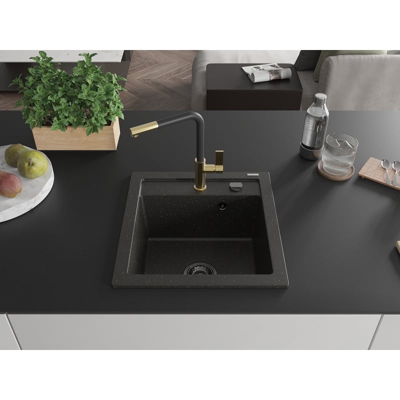 Mexen Vito granite kitchen sink 1-bowl with Flora kitchen faucet, black/gold metallic - 6503-75-670401-57-B