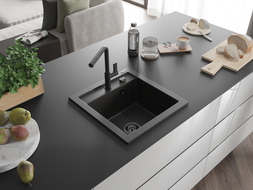 Mexen Vito granite kitchen sink, 1-bowl with Flora kitchen faucet, black/golden metallic - 6503-75-670401-70-B