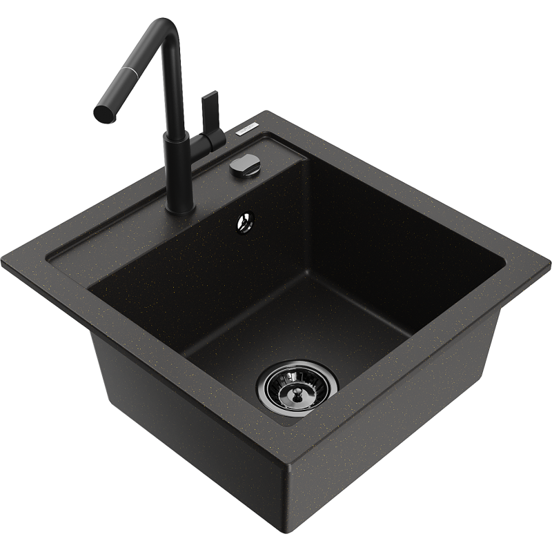 Mexen Vito 1-bowl granite kitchen sink with Flora kitchen tap, black/gold metallic - 6503-75-670401-70-B