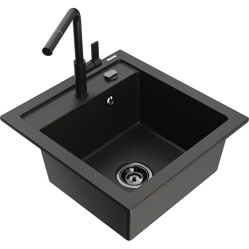 Mexen Vito 1-compartment granite sink with a kitchen mixer tap Flora, Black/Gold metallic - 6503-75-670401-70-B
