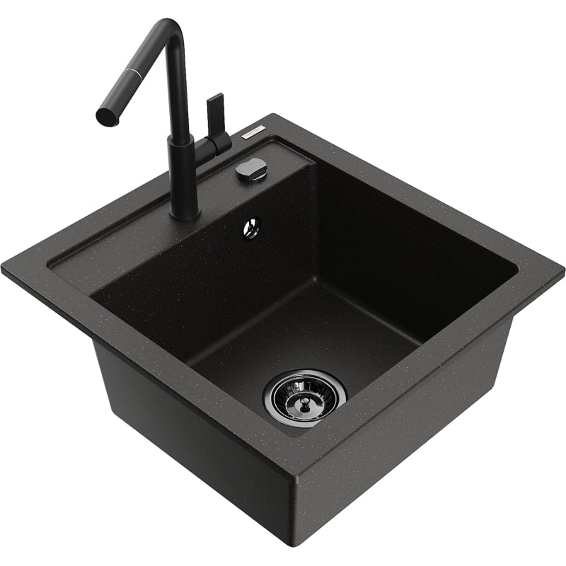 Mexen Vito granite kitchen sink 1-bowl with Flora kitchen faucet, black/gold metallic - 6503-75-670401-70-B