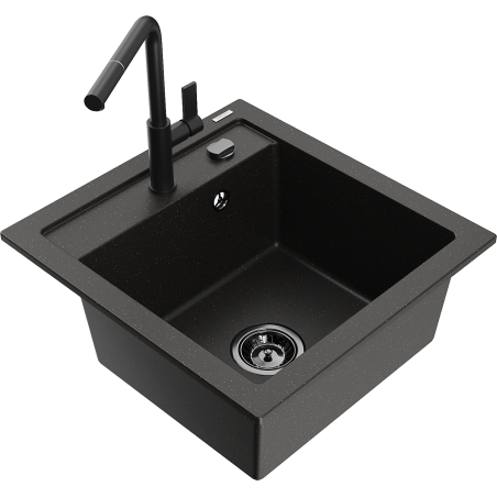 Mexen Vito 1-bowl granite kitchen sink with Flora kitchen tap, black/gold metallic - 6503-75-670401-70-B