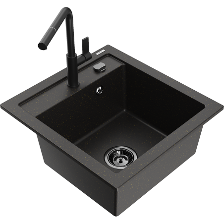 Mexen Vito granite kitchen sink 1-bowl with Flora kitchen faucet, black/gold metallic - 6503-75-670401-70-B