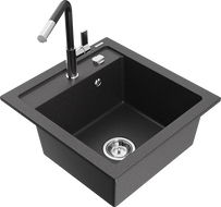 Mexen Vito granite sink single-bowl with Flora kitchen tap, black speckled - 6503-76-670401-07