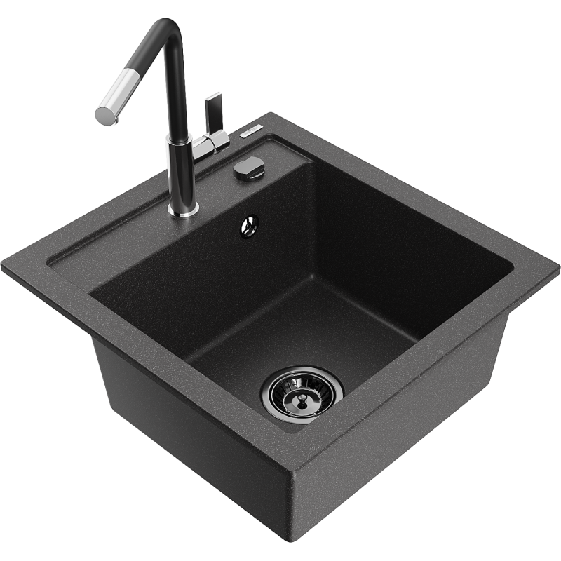 Mexen Vito granite sink 1-bowl with Flora kitchen tap, speckled black - 6503-76-670401-07-B