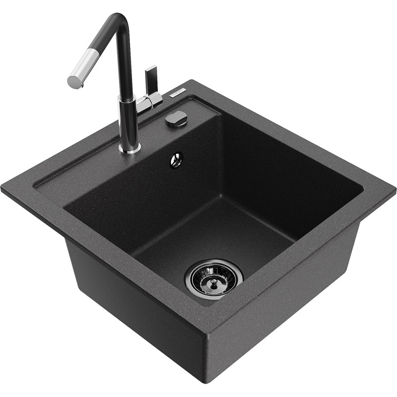 Mexen Vito single-bowl granite sink with Flora kitchen faucet, black speckled - 6503-76-670401-07-B
