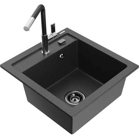 Mexen Vito single-bowl granite sink with Flora kitchen faucet, black speckled - 6503-76-670401-07-B