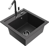 Mexen Vito 1-bowl granite sink with Flora kitchen faucet, speckled black - 6503-76-670401-07-B