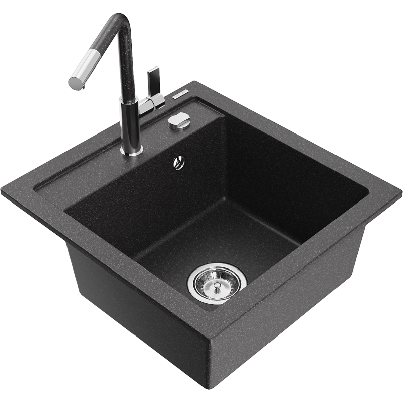 Mexen Vito 1-compartment granite sink with a kitchen mixer tap Flora, spotted black - 6503-76-670401-08