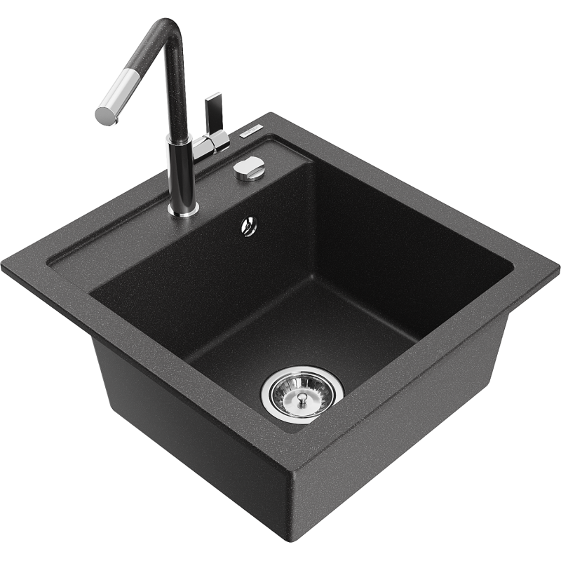 Mexen Vito granite sink, 1-bowl with Flora kitchen tap, black speckled - 6503-76-670401-08