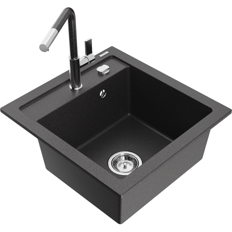 Mexen Vito granite kitchen sink 1-bowl with Flora kitchen faucet, black speckled - 6503-76-670401-08