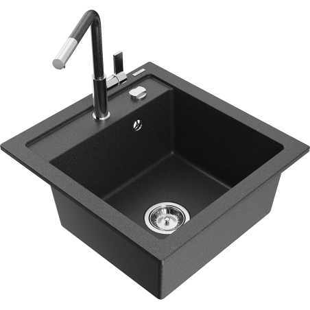 Mexen Vito granite sink, 1-bowl with Flora kitchen tap, black speckled - 6503-76-670401-08