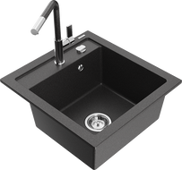 Mexen Vito granite sink, 1-bowl with Flora kitchen tap, black speckled - 6503-76-670401-08
