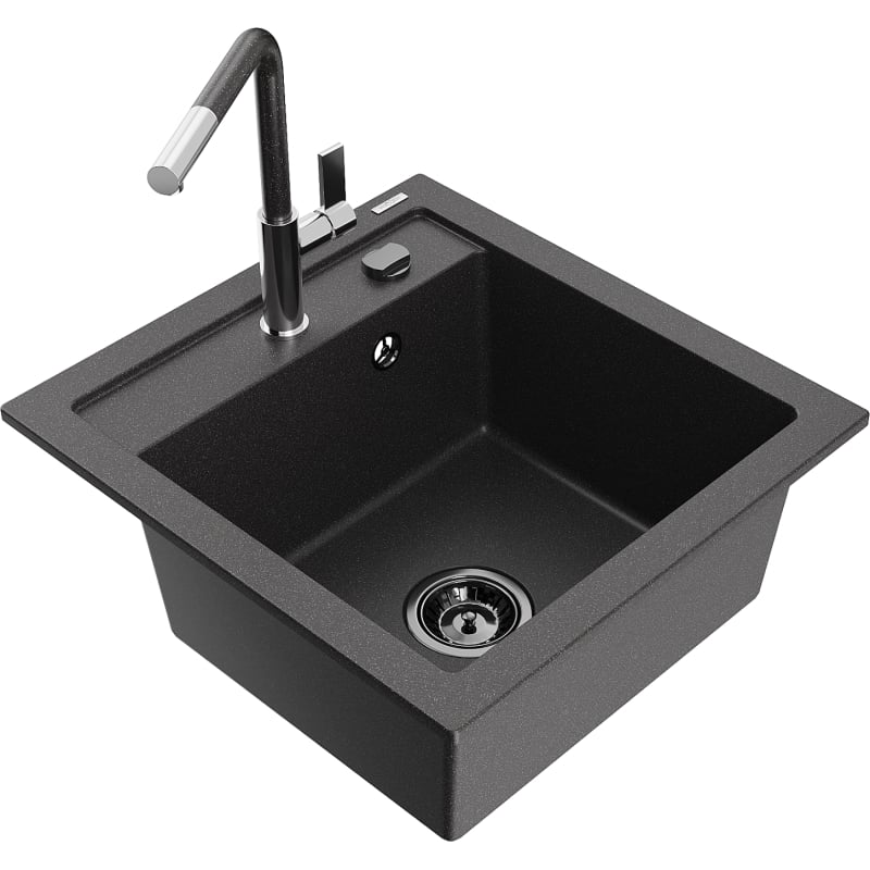 Mexen Vito 1-bowl granite kitchen sink with Flora kitchen faucet, speckled black - 6503-76-670401-08-B