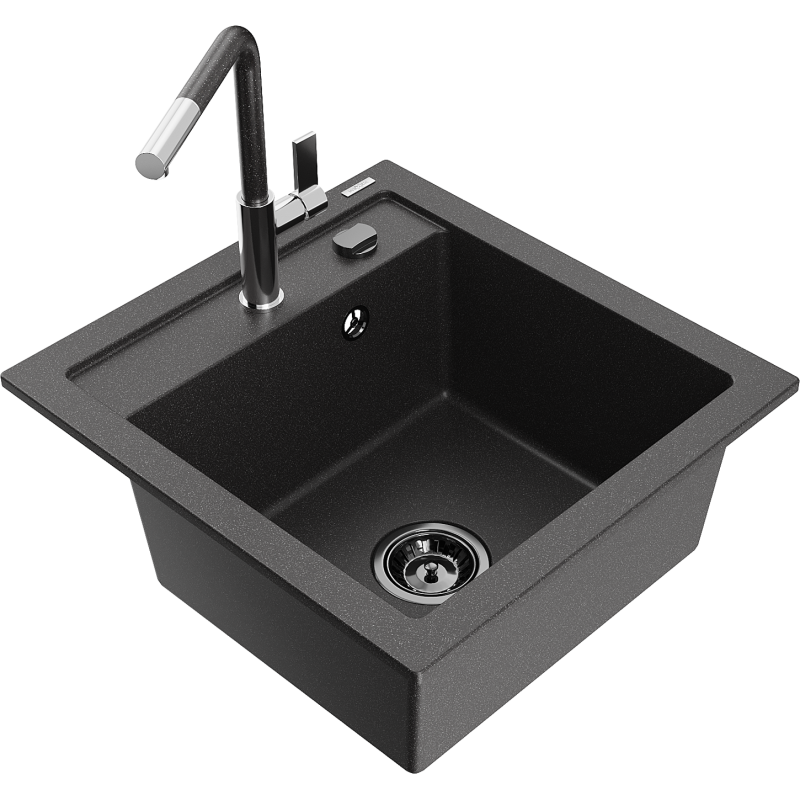 Mexen Vito 1-bowl granite kitchen sink with Flora tap, black speckled - 6503-76-670401-08-B