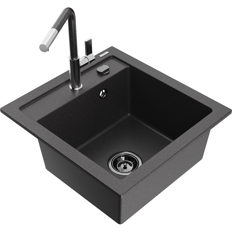 Mexen Vito 1-compartment granite sink with a kitchen mixer tap Flora, spotted black - 6503-76-670401-08-B