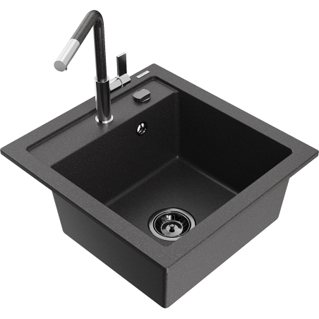 Mexen Vito 1-bowl granite kitchen sink with Flora tap, black speckled - 6503-76-670401-08-B