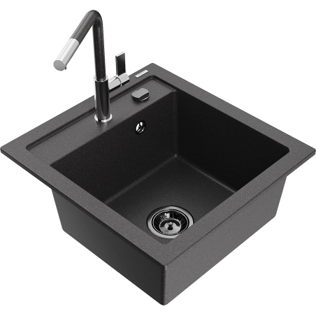 Mexen Vito granite kitchen sink 1-bowl with Flora kitchen faucet, speckled black - 6503-76-670401-08-B
