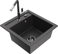 Mexen Vito 1-bowl granite kitchen sink with Flora tap, black speckled - 6503-76-670401-08-B