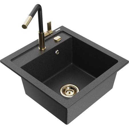 Mexen Vito 1-bowl granite sink with Flora kitchen faucet, black speckled - 6503-76-670401-57-G