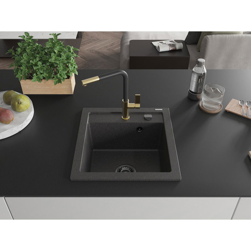 Mexen Vito granite sink 1-bowl with Flora kitchen tap, black speckled - 6503-76-670401-57-B