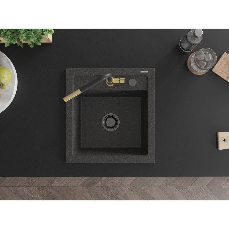 Mexen Vito granite sink 1-bowl with Flora kitchen tap, black speckled - 6503-76-670401-57-B