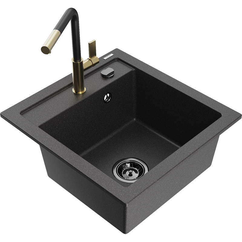 Mexen Vito granite sink 1-bowl with Flora kitchen tap, black speckled - 6503-76-670401-57-B