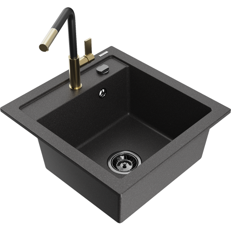 Mexen Vito granite sink 1-bowl with Flora kitchen tap, black speckled - 6503-76-670401-57-B