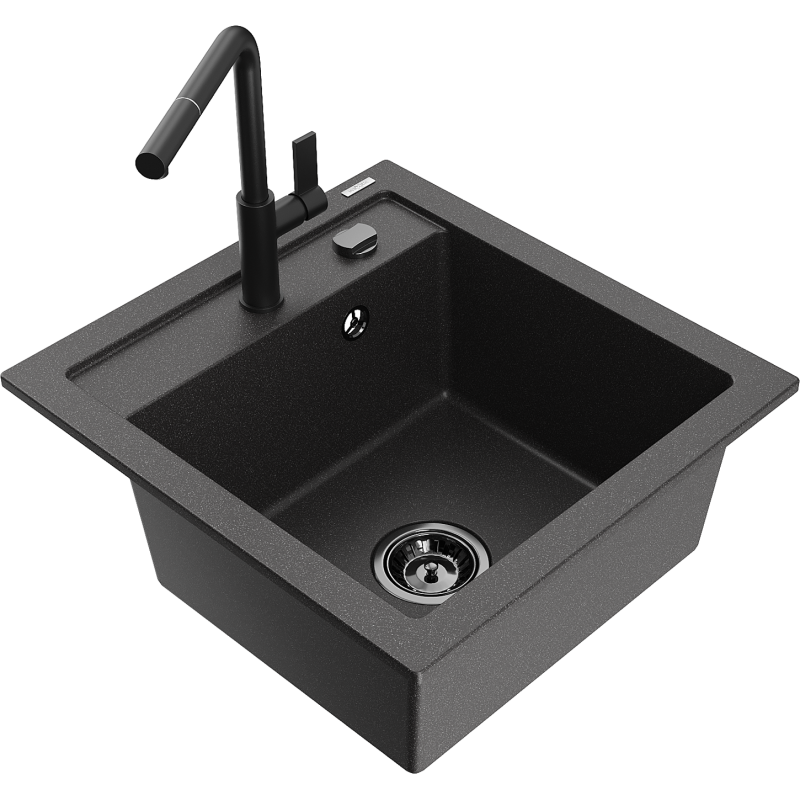 Mexen Vito 1-compartment granite sink with a kitchen mixer tap Flora, spotted black - 6503-76-670401-70-B