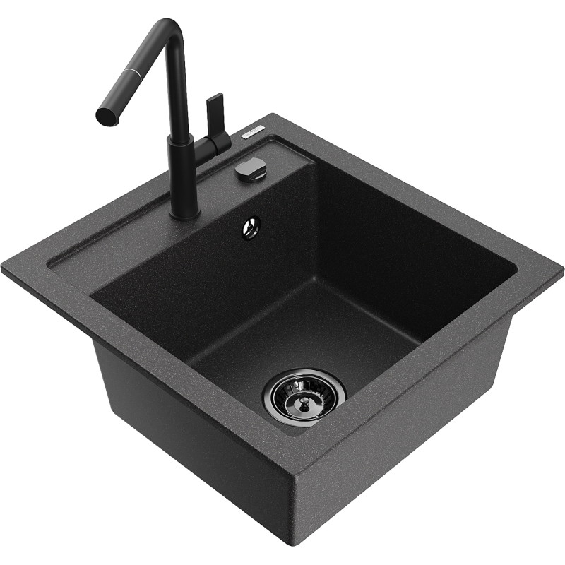 Mexen Vito granite kitchen sink 1-bowl with Flora kitchen faucet, black speckled - 6503-76-670401-70-B