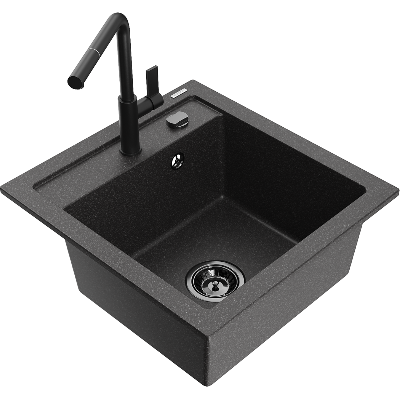 Mexen Vito Granite Sink 1-Bowl with Flora Kitchen Faucet, Black Speckled - 6503-76-670401-70-B