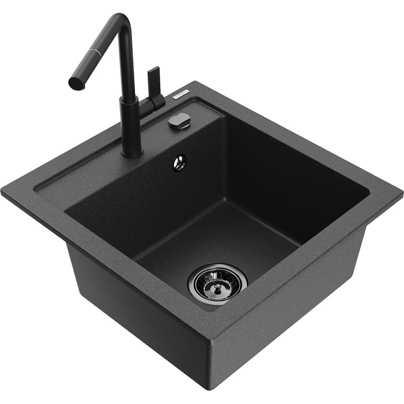 Mexen Vito single-bowl granite sink with Flora kitchen faucet, black speckled - 6503-76-670401-70-B