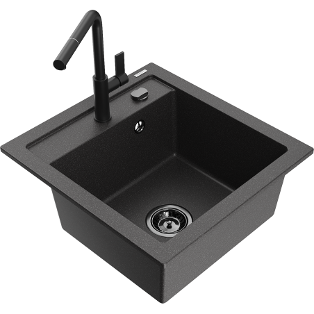 Mexen Vito granite kitchen sink 1-bowl with Flora kitchen faucet, black speckled - 6503-76-670401-70-B