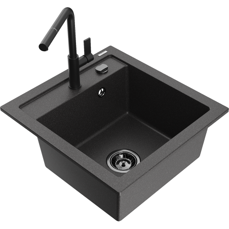Mexen Vito single-bowl granite sink with Flora kitchen faucet, black speckled - 6503-76-670401-70-B
