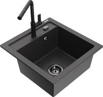 Mexen Vito single-bowl granite sink with Flora kitchen faucet, black speckled - 6503-76-670401-70-B