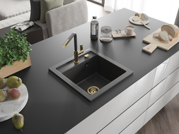 Mexen Vito granite sink 1-bowl with Flora kitchen tap, black speckled - 6503-76-670401-75-G