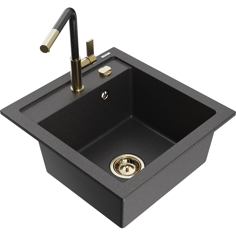 Mexen Vito 1-compartment granite sink with a kitchen mixer tap Flora, spotted black - 6503-76-670401-75-G
