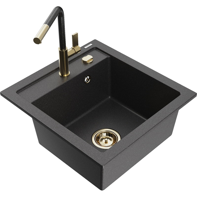 Mexen Vito granite kitchen sink 1-bowl with Flora kitchen faucet, black speckled - 6503-76-670401-75-G