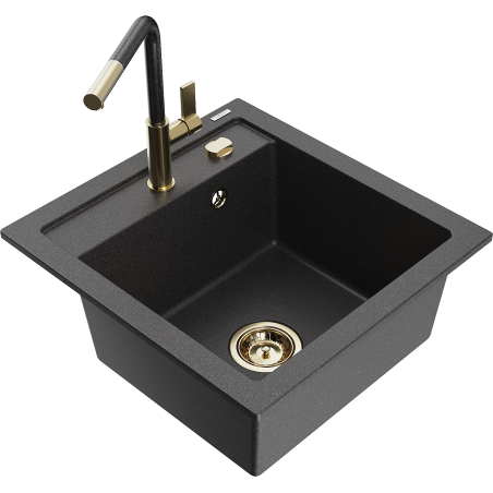 Mexen Vito granite kitchen sink 1-bowl with Flora kitchen faucet, black speckled - 6503-76-670401-75-G