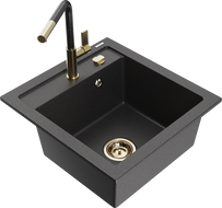 Mexen Vito granite sink 1-bowl with Flora kitchen tap, black speckled - 6503-76-670401-75-G