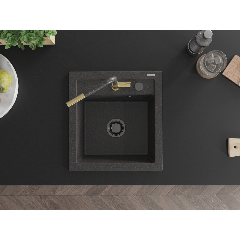 Mexen Vito 1-bowl granite sink with Flora kitchen faucet, speckled black - 6503-76-670401-75-B