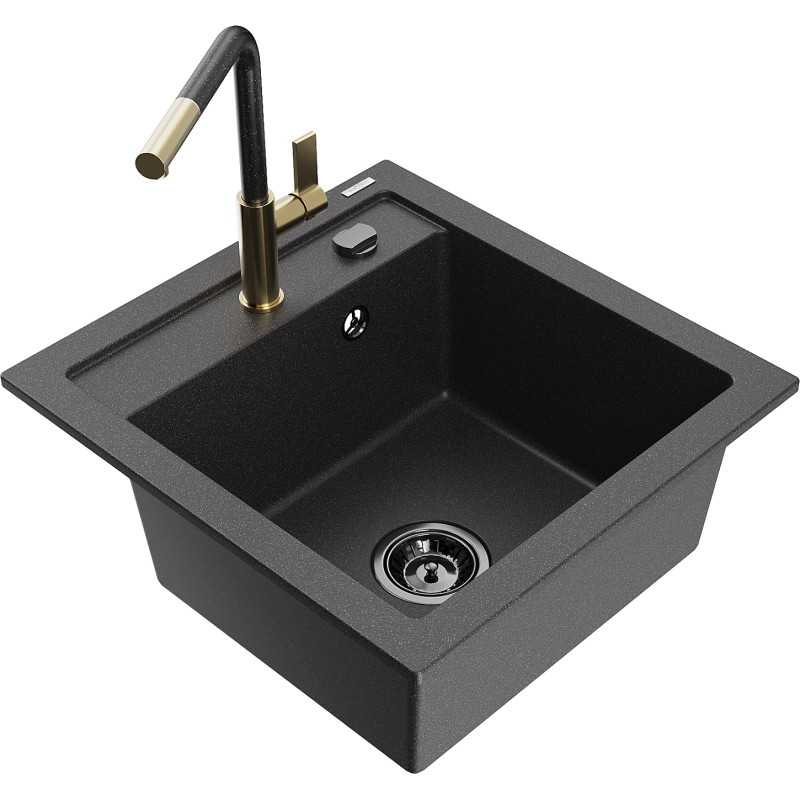Mexen Vito 1-bowl granite kitchen sink with Flora faucet, black speckled - 6503-76-670401-75-B
