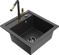 Mexen Vito 1-bowl granite sink with Flora kitchen tap, speckled black - 6503-76-670401-75-B