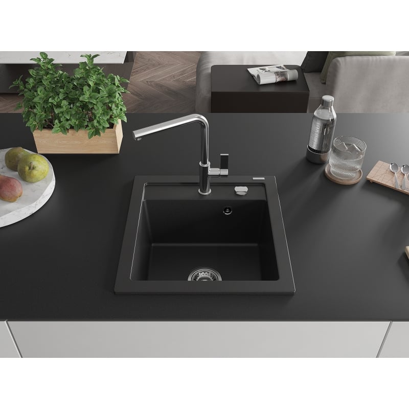Mexen Vito 1-bowl granite sink with Flora kitchen faucet, black - 6503-77-670401-00
