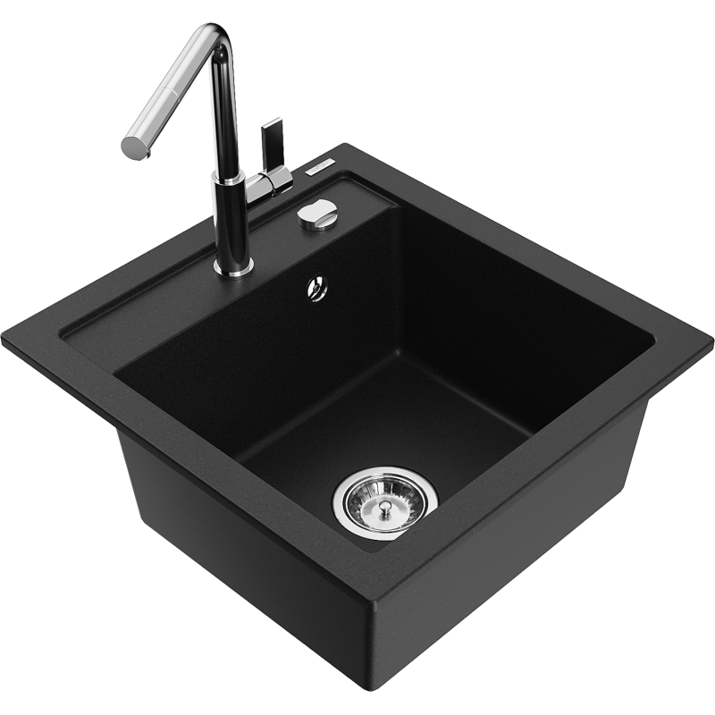 Mexen Vito 1-compartment granite sink with a kitchen mixer tap Flora, Black - 6503-77-670401-00